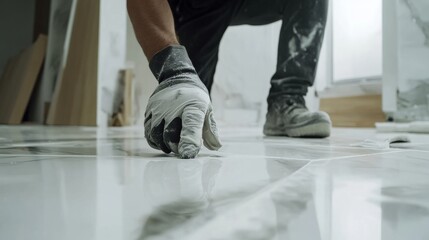 Fototapeta premium Mason leveling a floor for tile installation. Featuring skill and floor preparation