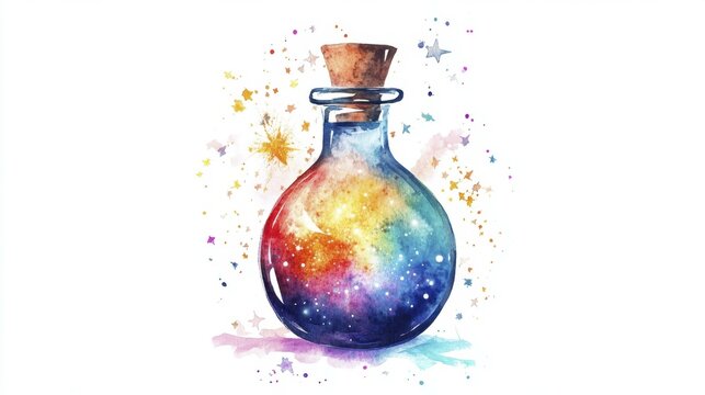 Watercolor Painting of a Magical Potion Bottle Filled with a Colorful Galaxy Swirl and Stars