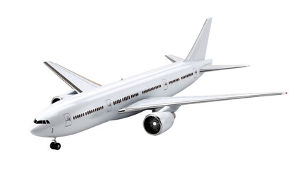 Obraz premium White Passenger Airplane: A pristine white passenger jet airplane, poised for takeoff or landing, showcases its sleek design and powerful engines against a clean background.