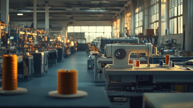 A well-lit garments factory with multiple industrial sewing machines neatly arranged in rows, showcasing spools of thread, fabrics.
