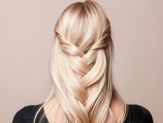 Naklejka premium Blonde hair styled into a braided crown, soft champagne hues adding elegance, stunning blonde, regal salon design