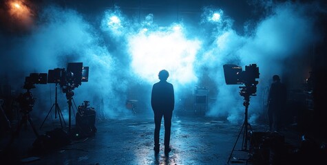 Fototapeta premium Film Production Studio Scene with Dramatic Silhouettes and Professional Camera Equipment for Video Shooting