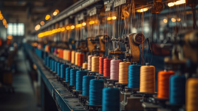 A well-lit garments factory with multiple industrial sewing machines neatly arranged in rows, showcasing spools of thread, fabrics.