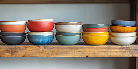 Colorful handmade ceramic bowls stacked on rustic wooden shelf in cozy kitchen