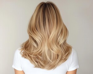 Fototapeta premium Layered blonde haircut with warm honey balayage, styled in relaxed curls, stunning blonde, natural salon refinement