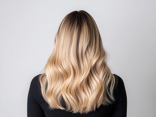 Fototapeta premium Soft blonde waves transitioning from dark roots to pale golden tips, stunning blonde, subtle salon balayage