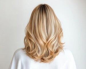 Fototapeta premium Layered blonde haircut with warm honey balayage, styled in relaxed curls, stunning blonde, natural salon refinement