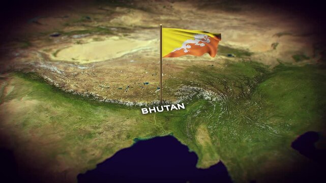 The Flag of Bhutan on the World Map, Bhutan map with flag 3d animation