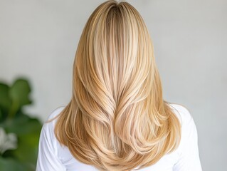 Naklejka premium Long blonde layers with sunkissed highlights, styled with subtle volume, stunning blonde, fresh and refined salon look
