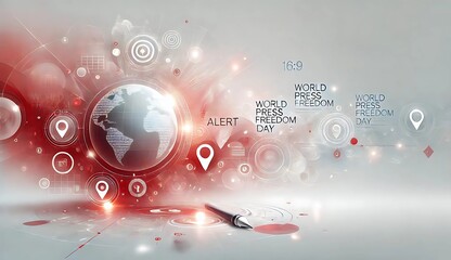 A digital artwork of World Press Freedom Day featuring a glowing earth, location pins, abstract data elements, and a pen symbolizing journalism, alert, and global communication.