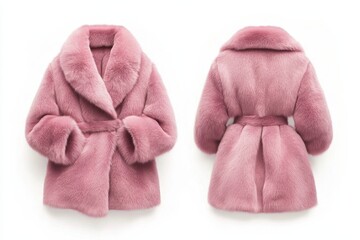 Elegant pink faux fur coat with a belted waist and a wide collar. Perfect for adding a touch of luxury to any outfit.