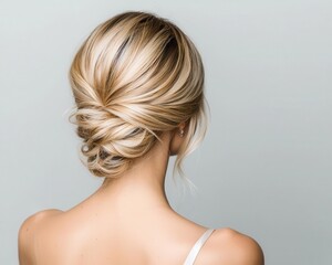 Golden blonde waves styled into a sideswept updo, stunning blonde, formal salon beauty