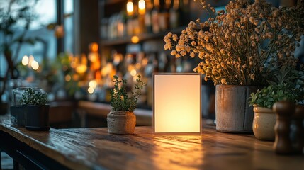 blank menu frame mock up stands on wooden table in bar restaurant white paper acrylic card for booklets for customer text insertion clean modern illustration copy space,stock photo