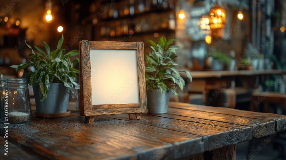 Aufkleber blank menu frame mock up stands on wooden table in bar restaurant white paper acrylic card for bookl