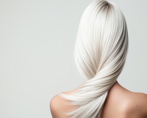 Fototapeta premium Ultrasleek blonde hair with metallic silver accents, perfect shine and smoothness, stunning blonde, futuristic salon innovation