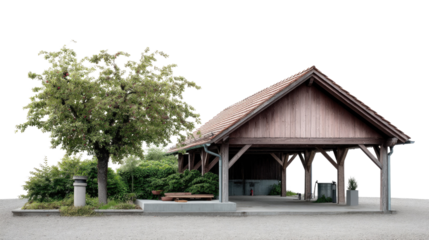 Shelter and Nature's Embrace: Rustic wooden shelter with a tree offers a tranquil haven. A testament to architectural simplicity intertwines with natural beauty.