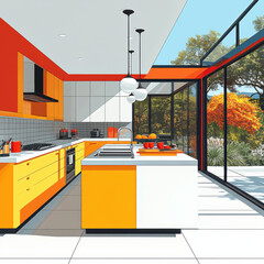 contemporary kitchen with bold colors and geometric design features bright orange and yellow cabinetry, large windows, and modern appliances, creating vibrant and inviting space