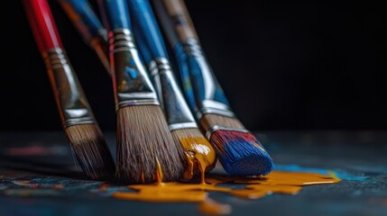 Fototapeta premium Colorful paintbrushes dripping with orange paint on a dark palette