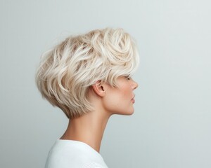 Short blonde pixie with a tousled texture and champagne shimmer, stunning blonde, modern salon chic