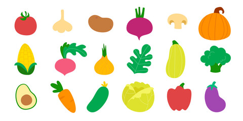 Vegetables icon set. Flat vector veggies collection. Colorful vegetables bundle.