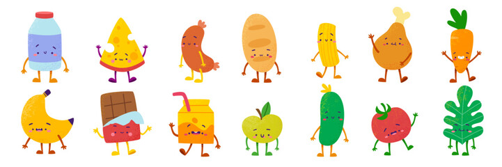 Cute food characters set. Cartoon textured food collection. Adorable meal bundle.