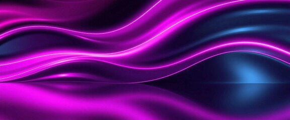Obraz premium Futuristischer, wellenförmiger Hintergrund in Neonfarben – leuchtendes Lila, Blau und Rosa reflektieren auf glatter Fläche. Modernes abstraktes Design für Technologie oder Sci-Fi-Themen.