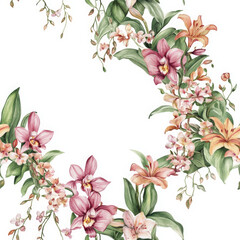 Vintage chinoiserie style painting with delicate orchid, lily flowers makes joyful