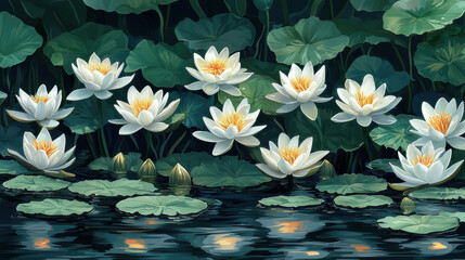 serene pond scene with blooming white water lilies and lush green leaves reflecting on water surface, creating tranquil and peaceful atmosphere