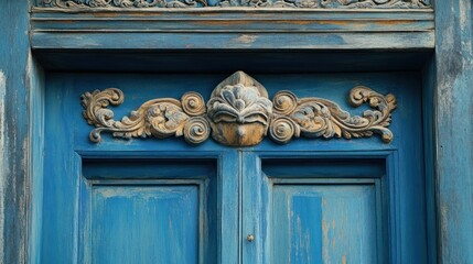 Ornate carvings adorn a weathered blue door.