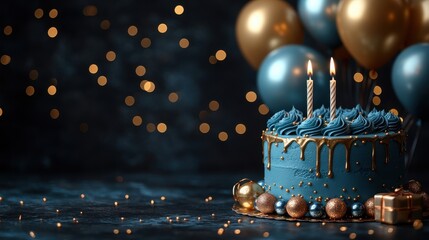 blue,golden happy birthday cake invitation card banner background,balloons candle,gift box perfect for celebrations party invitations,festive event designs,photo stock