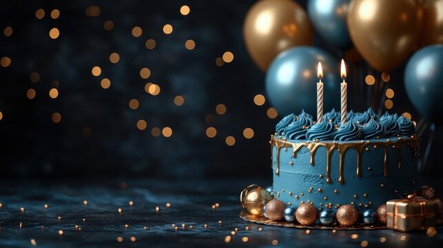 blue,golden happy birthday cake invitation card banner background,balloons candle,gift box perfect for celebrations party invitations,festive event designs,photo stock