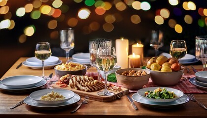 dining table full of dishes with food drinks and snacks with night lights bokeh background