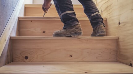Hispanic carpenter installing a wooden staircase in a house. Featuring carpentry and home construction