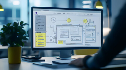 Focused Business Person Working Late at Night on A Complex Project Using Software Development Tools on Computer Display in A Modern Office Setting