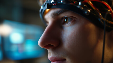 Subject reacting emotionally while neural headset records, ambient lab screens around, intense focus scene