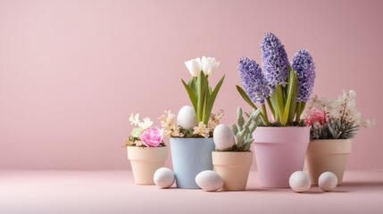Easter decoration chick ornaments festive banners. Easter Pastel Flower Pots with Painted Eggs in a Row on Pink Background for Festive Season.