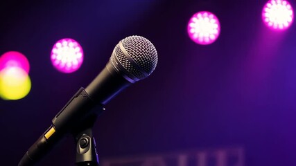 Microphone on the stage in concert hall or conference room. Close-up of a microphone in focus with a blurred pink purple bokeh background. Public speaking and live events concept. Neon light. Audience