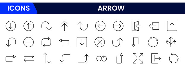Minimalist web line icon collection showcasing various arrow styles and directions. Perfect for interfaces, navigation, infographics, and user experience design elements in digital applications and we