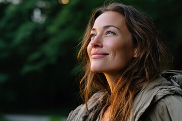 Naklejka premium A radiant woman stands outdoors, smiling gently as she embraces nature's beauty, with sunlight filtering through leaves, symbolizing joy and harmony in her surroundings.
