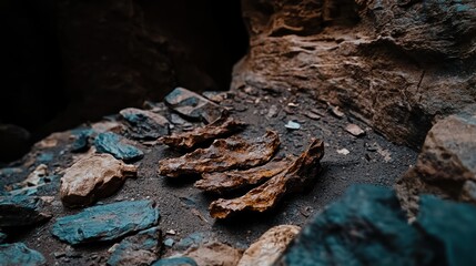 Ancient artifacts in a canyon's dark crevice