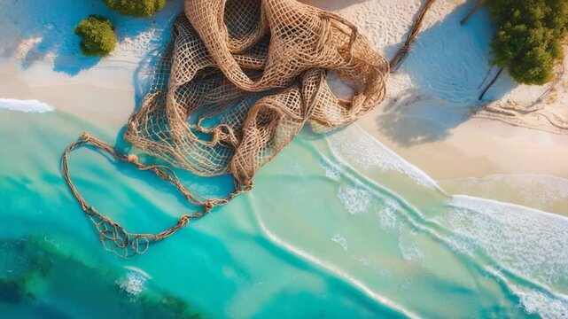 Overhead shot of coast featuring fishing net in the distance