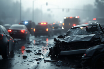 Wrecked car after an accident on a city street