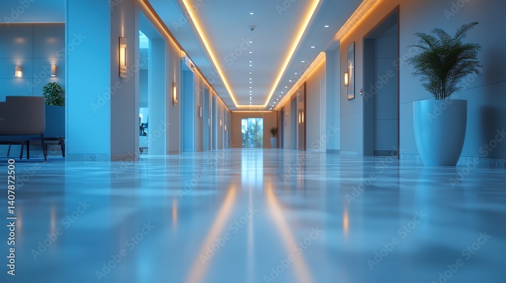 Aufkleber blur abstract background of corridor in clean hospital blurred view of aisle in office,light floor blurry lobby,waiting area in hotel defocused empty area for event hall in sh generative ai