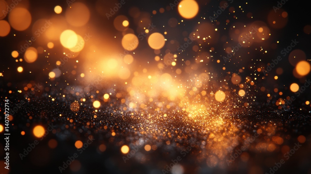Poster blur glow overlay bokeh rays sunlight beam glare gleam leak defocused golden orange black light flecks on dark abstract background,stock image
