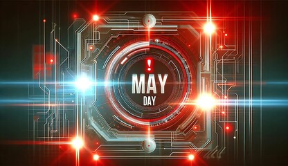 Futuristic "May Day" digital interface with glowing red and blue lights, tech circuits, warning symbol, and a central circular display. A high-tech, emergency-themed visual alert design.