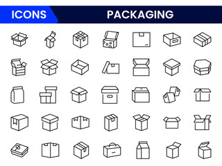 Web line icon collection showcasing package-related elements, including boxes, shipping, and delivery concepts. Ideal for e-commerce, logistics, and packaging industry applications.