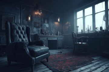 Mysterious dimly lit room with vintage furniture and dusty atmosphere in an abandoned space