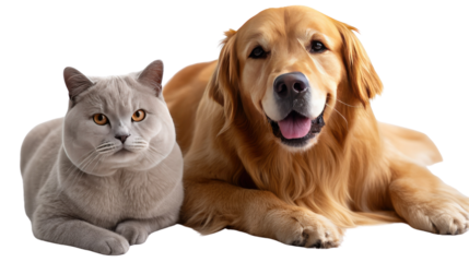 Best Friends Forever: A fluffy British Shorthair cat and a Golden Retriever dog form an unlikely yet adorable friendship, resting side-by-side, radiating comfort and connection. 