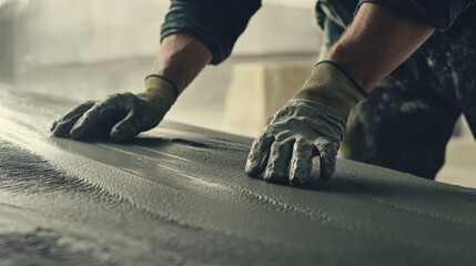 Naklejka premium Mason smoothing the surface of a concrete wall. Featuring finishing work and masonry expertise