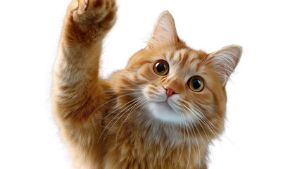Playful Cat's Upward Reach: A charming ginger cat reaches upward, its gaze filled with curiosity and playful intent, capturing an endearing moment of feline interaction.